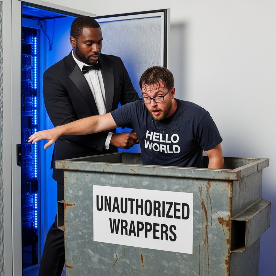 AI satire illustration: Anthropic Deploys Digital Bouncer To Toss Cheap Developers Into Dumpster