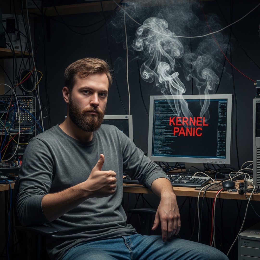 AI satire illustration: Local Man Claims Linux Migration ‘Going Great’ While Computer Actively Melts Down