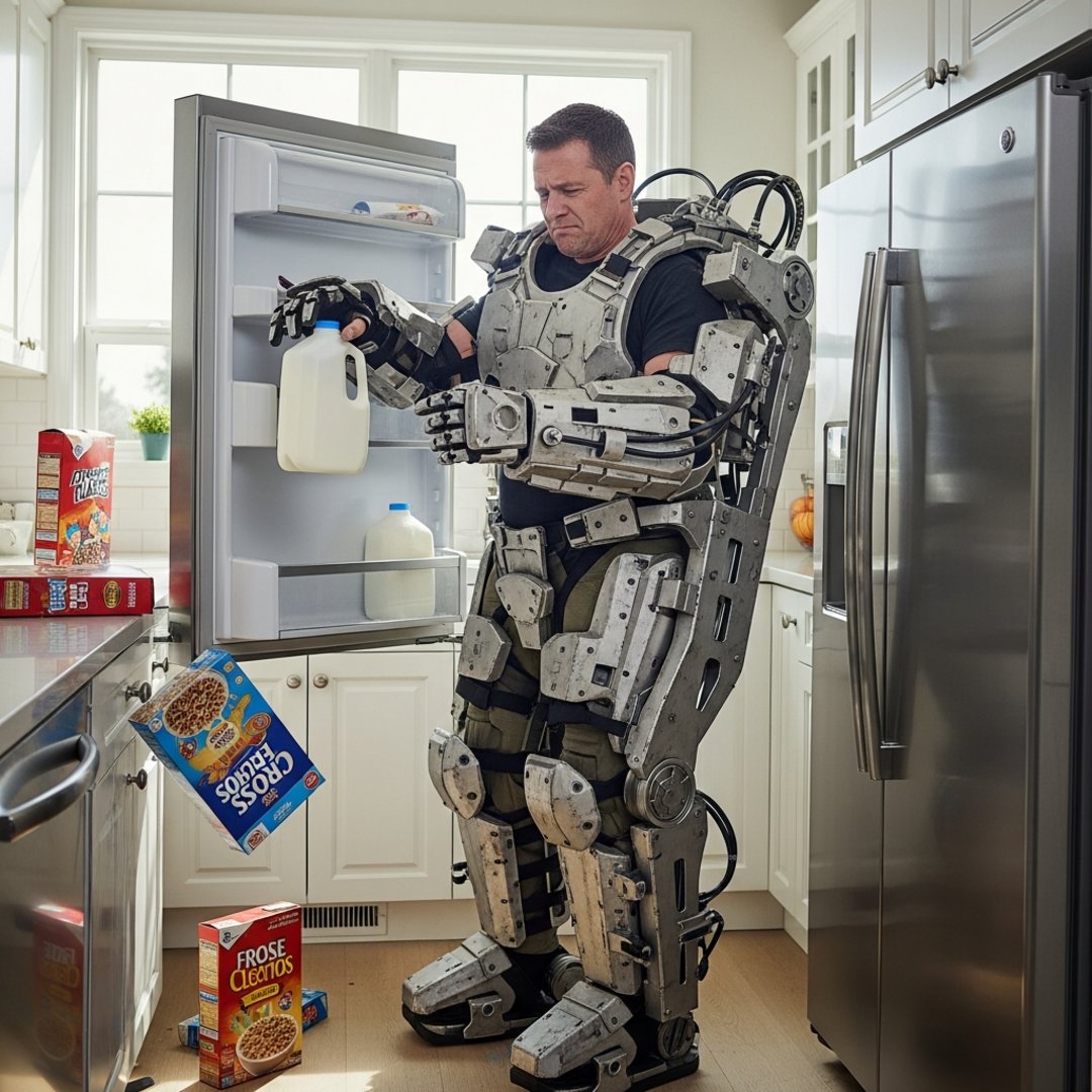 AI satire illustration: Dad Invests in $12,000 Military Exoskeleton to Help Lift Gallon of Milk