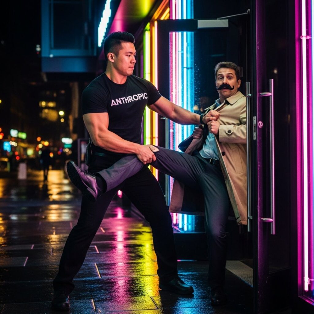 AI satire illustration: Anthropic Deploys Virtual Bouncers To Eject Coders Wearing Fake Mustaches