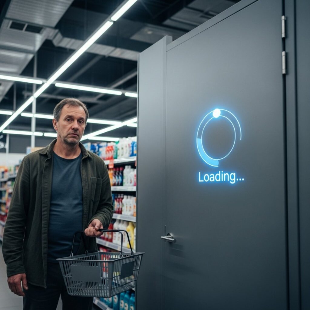 AI satire illustration: Amazon Physical Store Shoppers Stranded As Bathroom Door Displays Infinite Loading Spinner