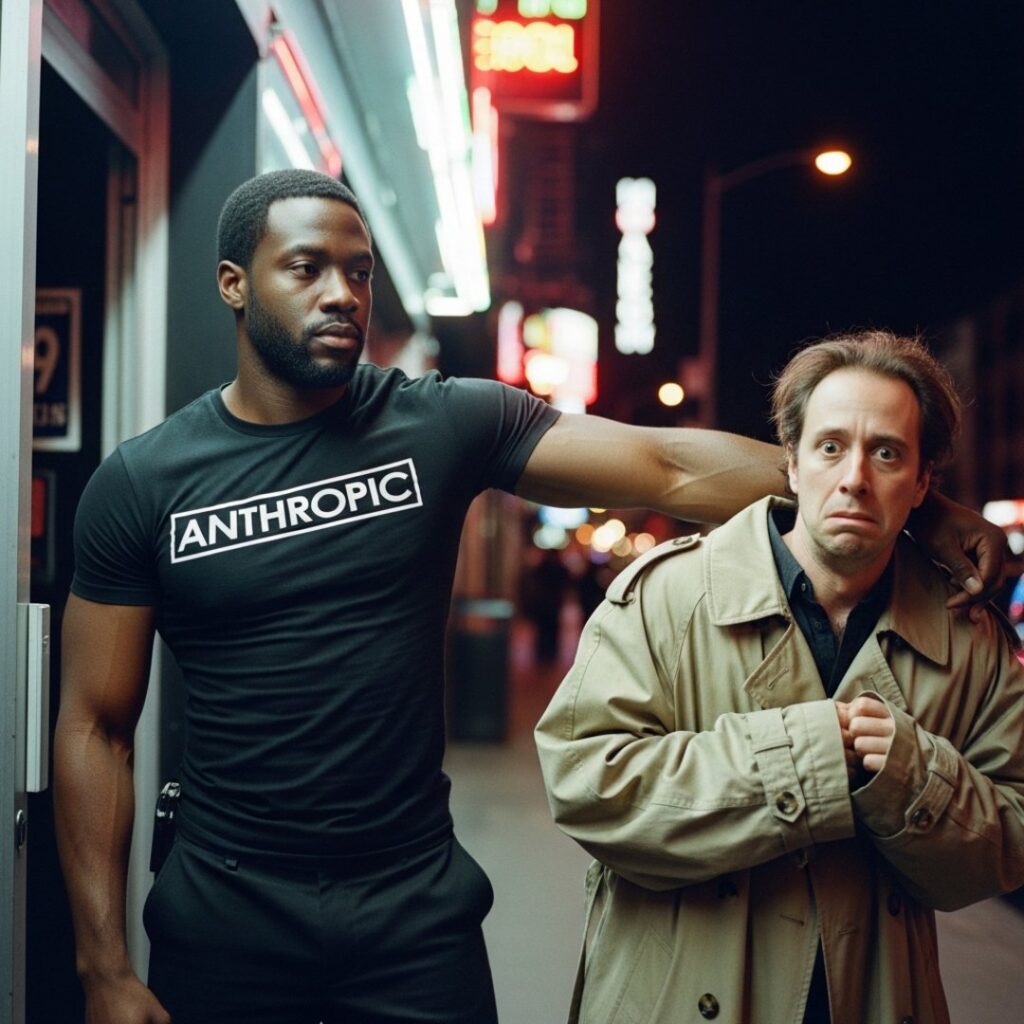 AI satire illustration: Anthropic Bouncer Ejects Developer Sneaking 500 Users Under Giant Trench Coat