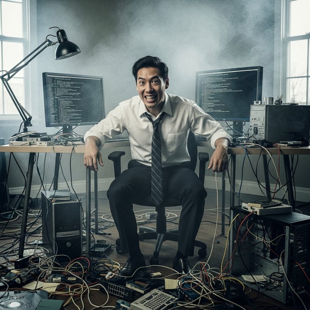 AI satire illustration: Local Man Claims 'Pure Bliss' As Linux Computer Emits Thick Black Smoke