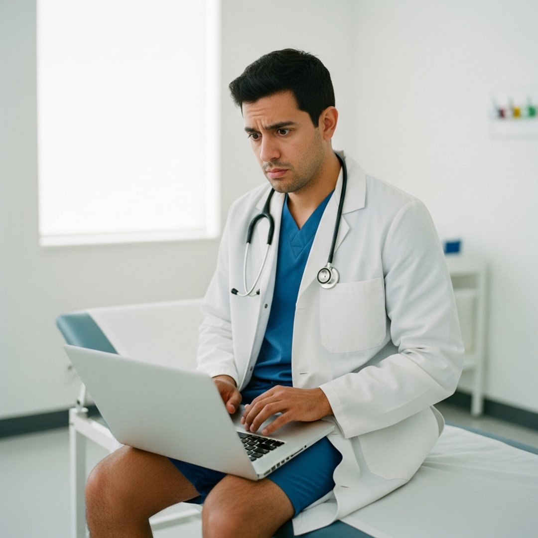 AI satire illustration: Local Laptop Wearing Stethoscope Diagnoses Man With Rare 2012 Meme Disease