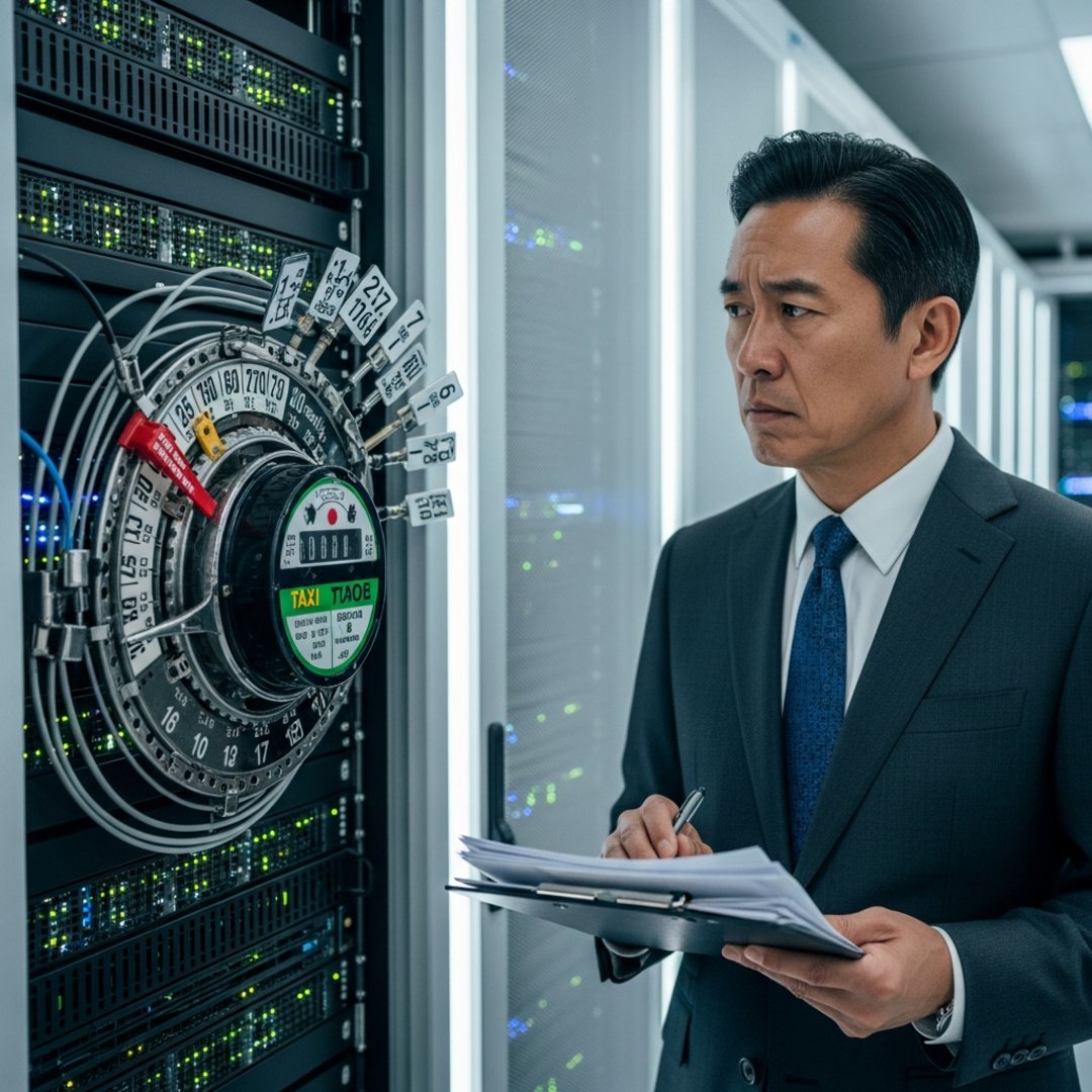 AI satire illustration: CFO Installs Taxi Meter On Server Rack To Track Exploding AI Costs