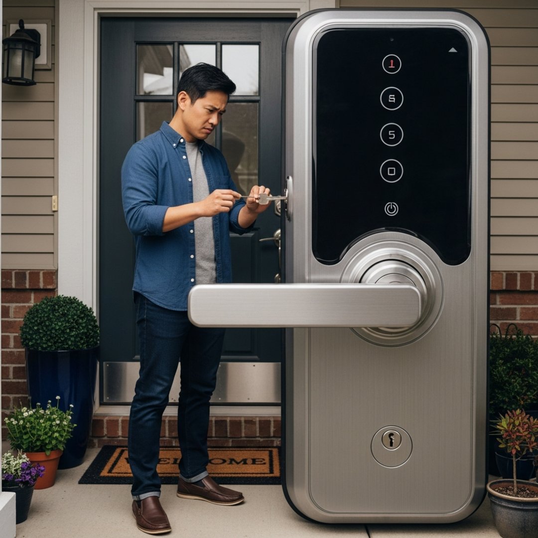 AI satire illustration: Homeowner Trapped Outside After Installing New 'Ultra-Secure' Refrigerator-Sized Smart Lock