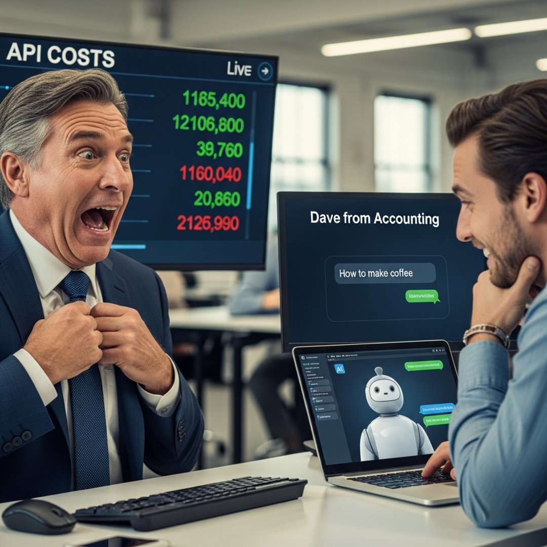 AI satire illustration: CFO Hospitalized After Employee Asks AI About Coffee For 50th Time