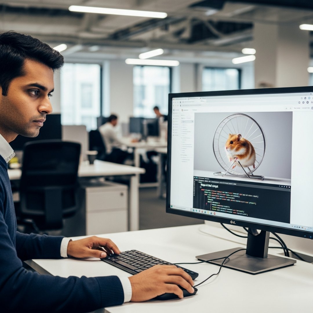 AI satire illustration: X Open Sources Algorithm Revealing It Is Just Hamster Picture