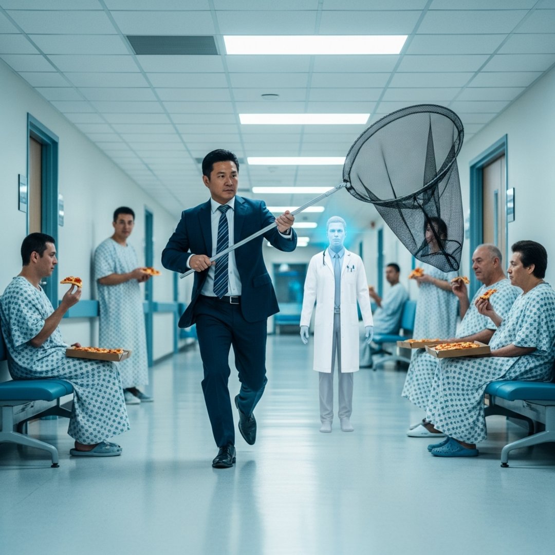 AI satire illustration: Google pauses medical AI after digital doctor prescribes glue and rocks to patients