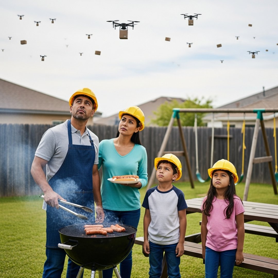 AI satire illustration: Wing expands Walmart drone fleet to ensure sun never touches suburban soil again