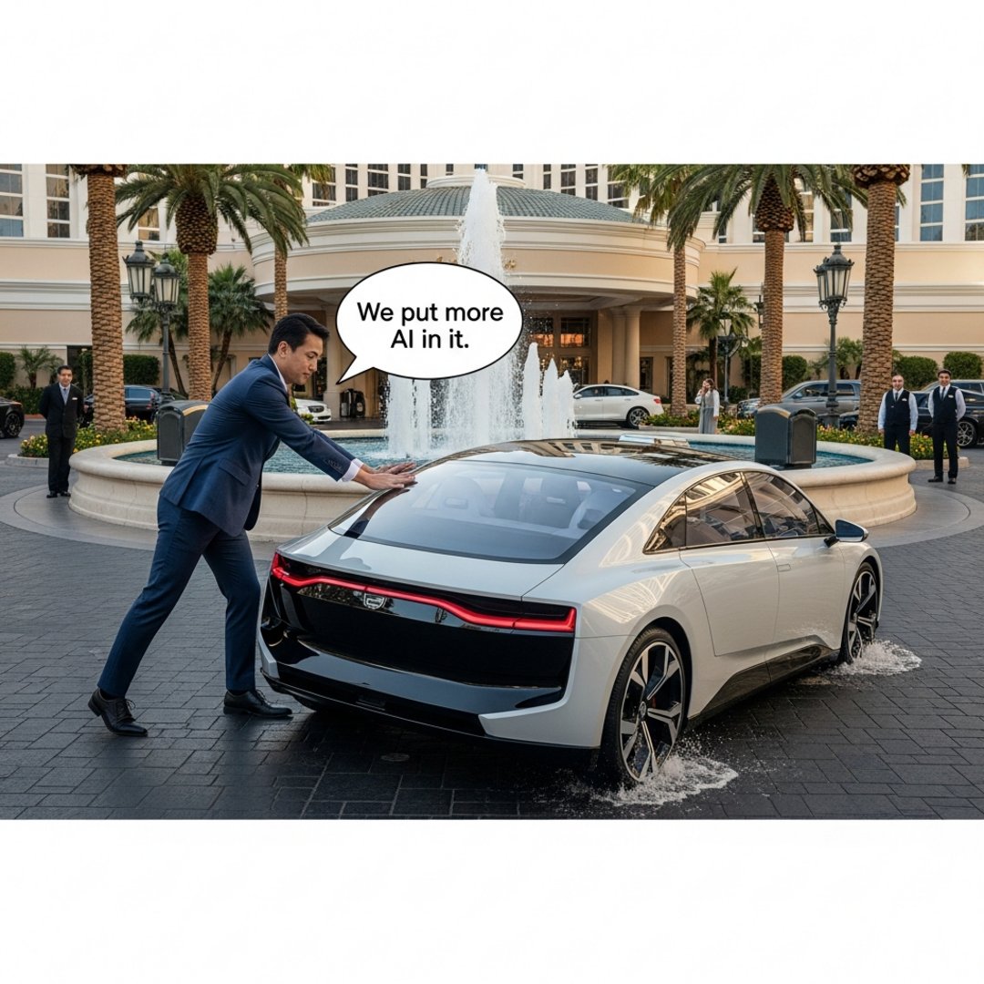 AI satire illustration: Motional Executive Slaps Hood Of Stalled Robotaxi And Promises It Has More AI Now
