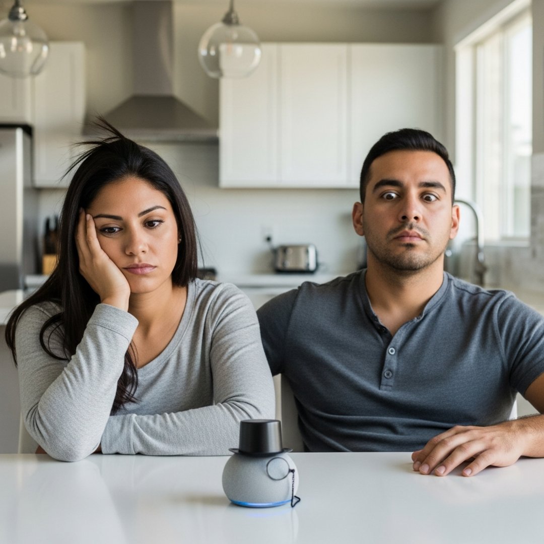 AI satire illustration: Amazon Echo Refuses To Play 'Baby Shark' Until Family Addresses It As 'Sir'