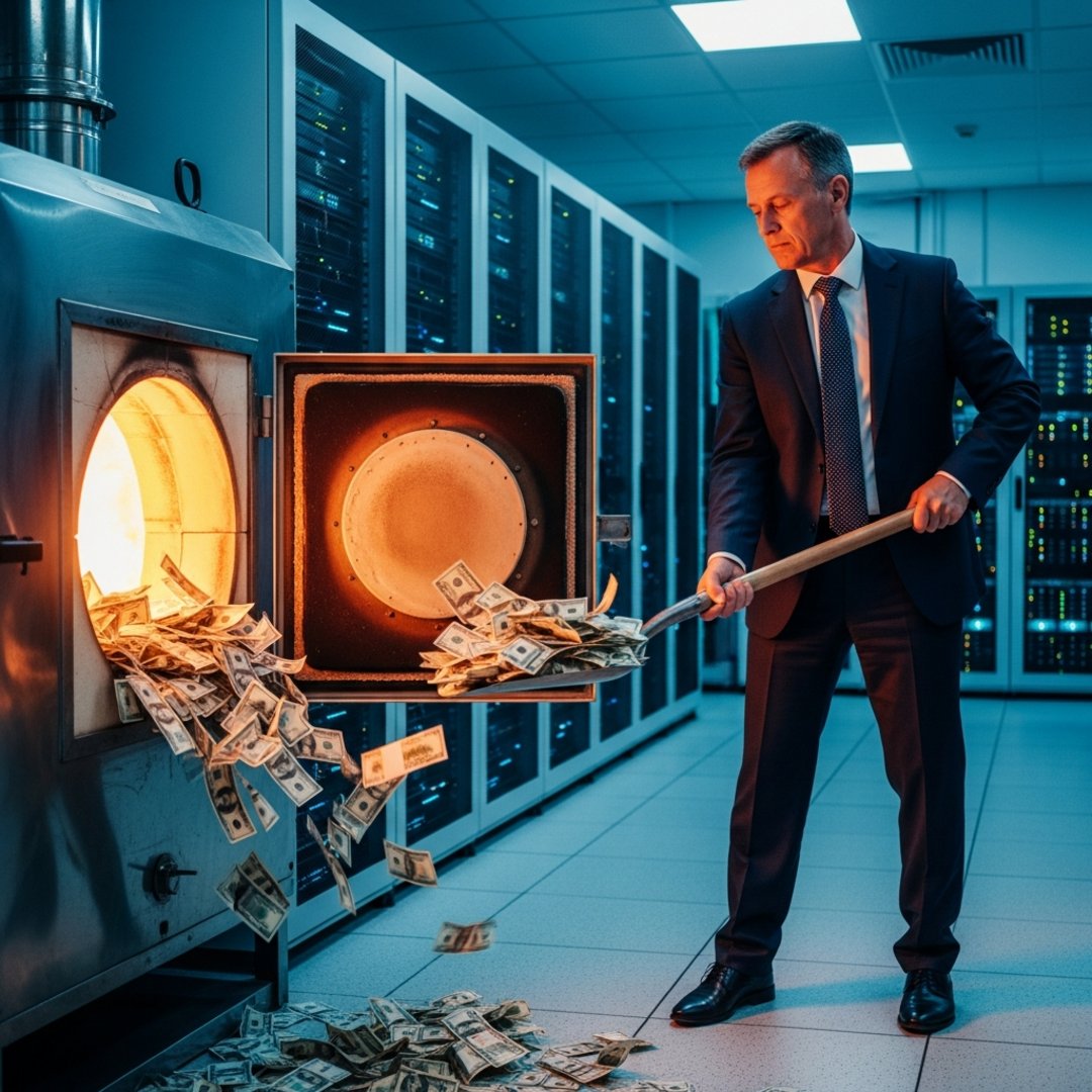 AI satire illustration: Tech Startup Powers New AI Servers By Burning $100 Bills Directly