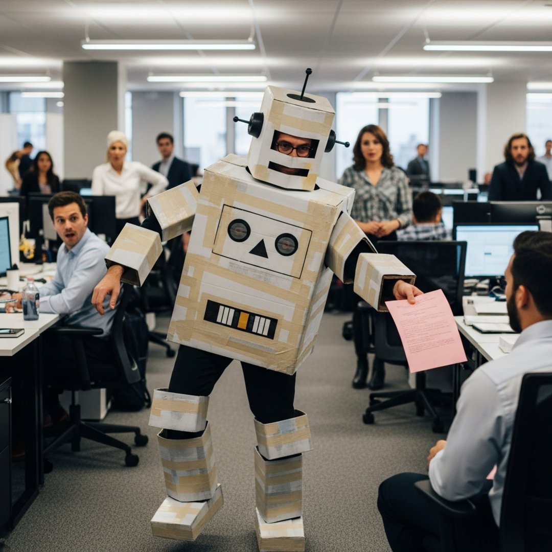 AI satire illustration: CEO Wears Cardboard Box to Fire Staff, Claims He Is Now 'The Algorithm'