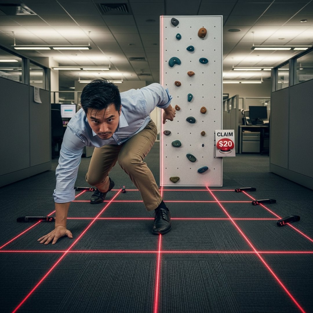 AI satire illustration: Verizon Requires Customers To Complete Ninja Warrior Course For $20 Credit