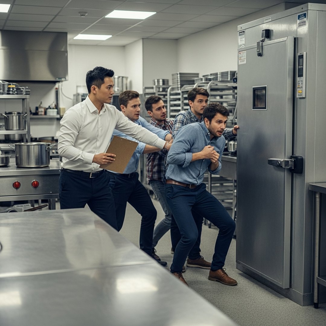 AI satire illustration: Manager Moves Daily Stand-Up To Walk-In Freezer To Keep Code Fresh