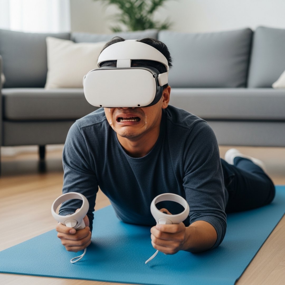 AI satire illustration: Meta 'Sunsets' Virtual Trainer Mid-Squat, Leaving User Alone in Digital Void
