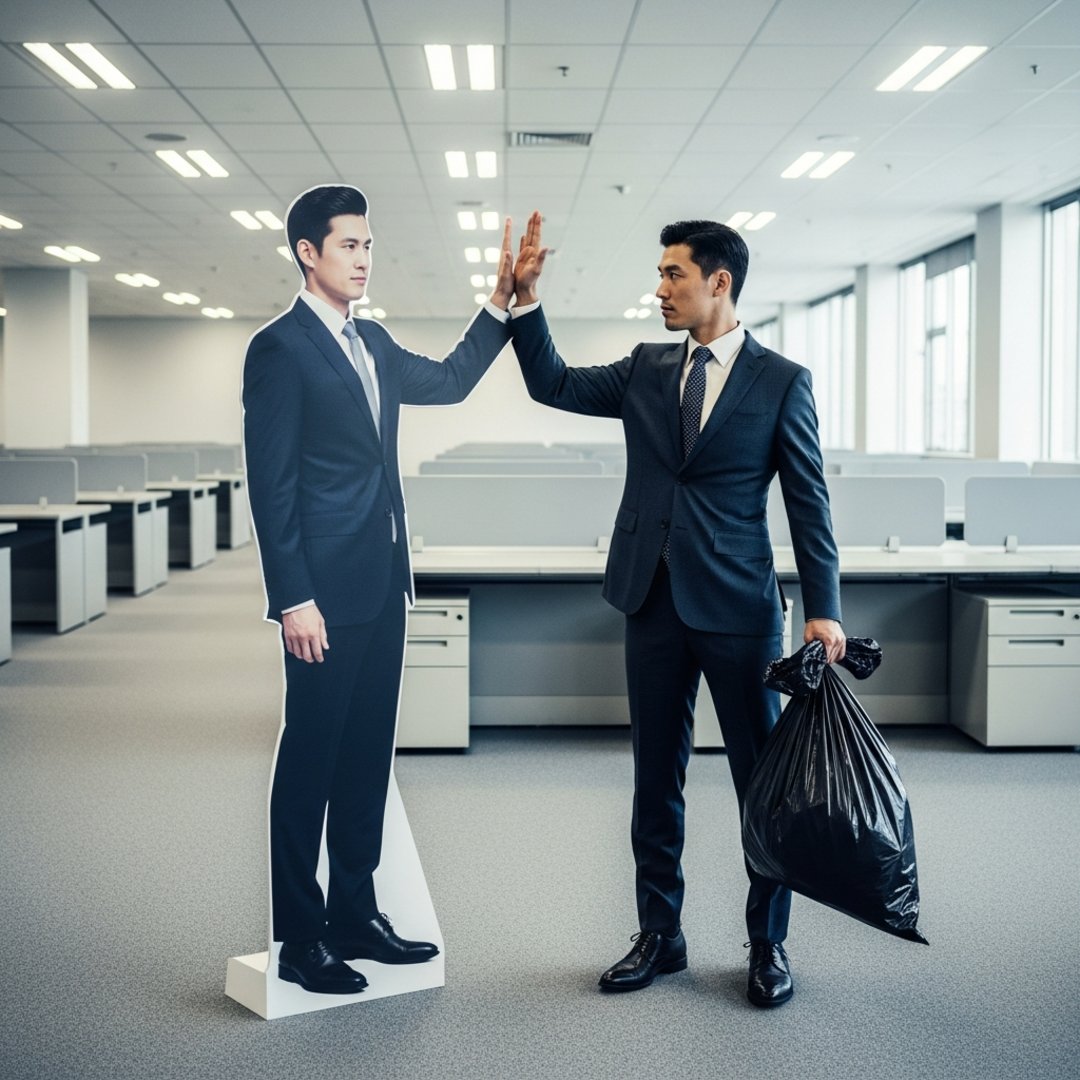 AI satire illustration: Tech CEO Fires 80 Percent of Staff to Make Meetings Shorter