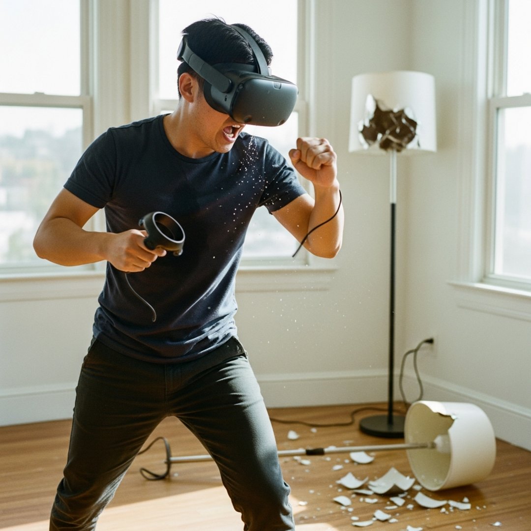 AI satire illustration: Meta Updates VR Fitness App By Deleting Trainers Mid-Squat