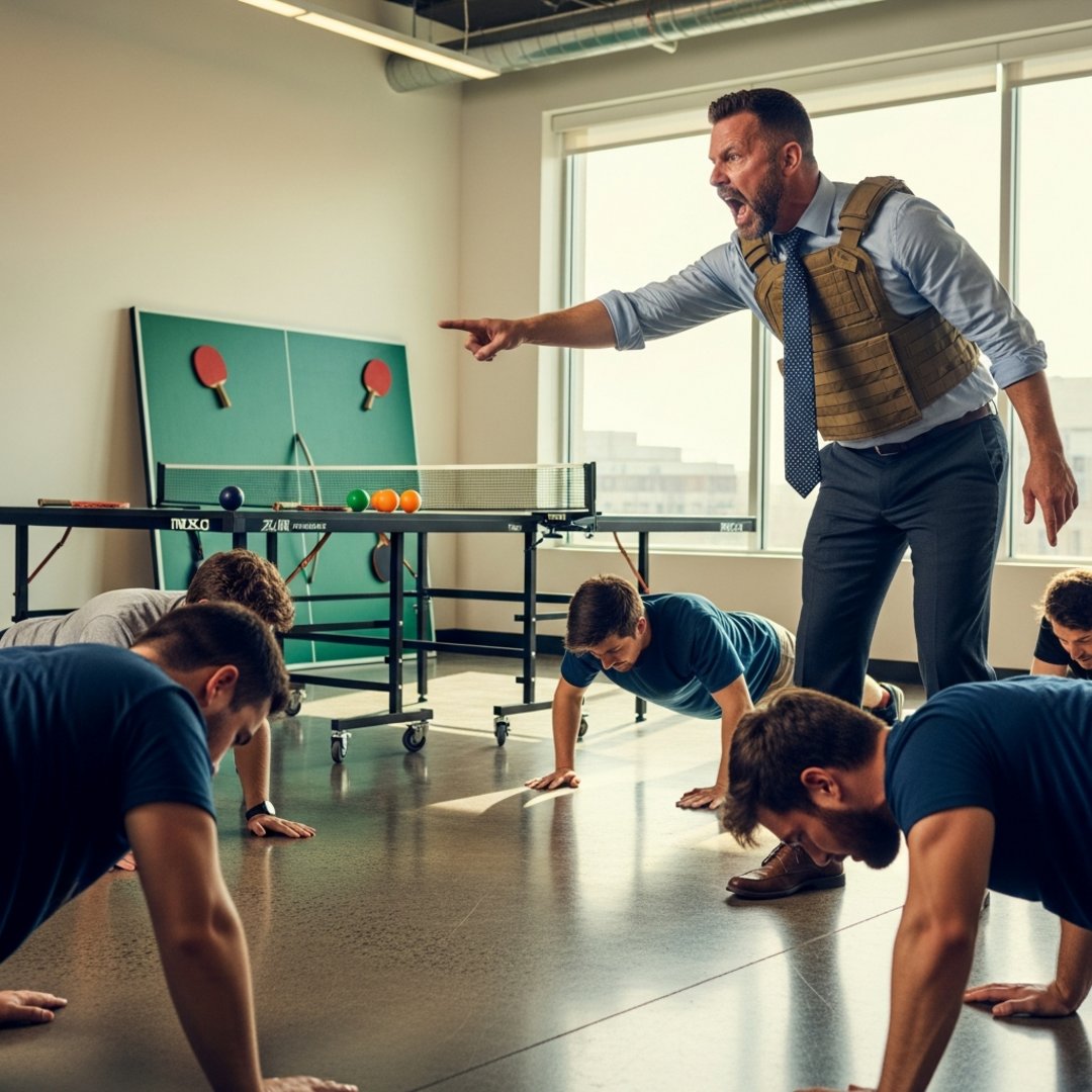 AI satire illustration: CEO Wearing Tactical Vest Demands ‘Extreme Ownership’ Of Minor CSS Bugs