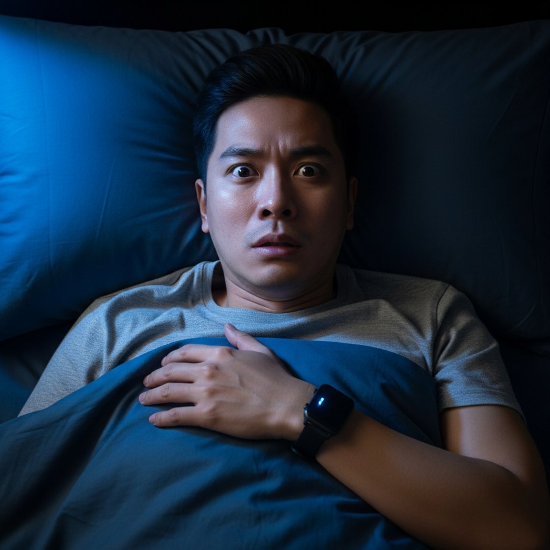 AI satire illustration: Man Stays Awake All Night To Ensure Smart Watch Records Perfect Sleep Score