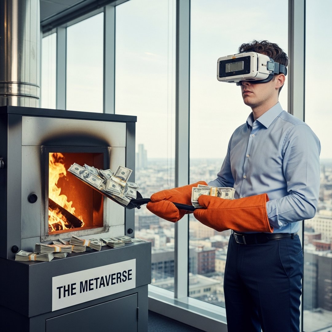 AI satire illustration: Meta CEO Keeps Office Warm By Shoveling $19 Billion Into Metaverse Furnace
