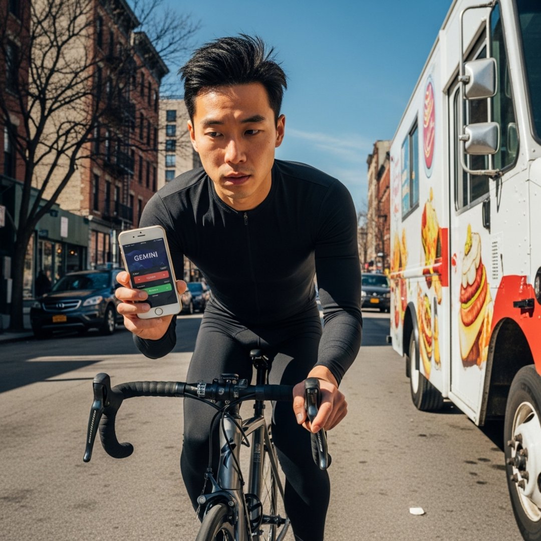 AI satire illustration: Google Maps Update Helps Cyclists Learn Local History Before Hitting Food Truck