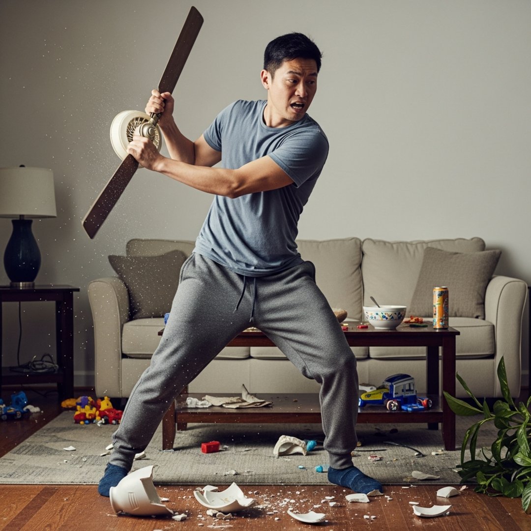 AI satire illustration: Dad Slices $400 Urn While Trying To Beat High Score In Fruit Ninja