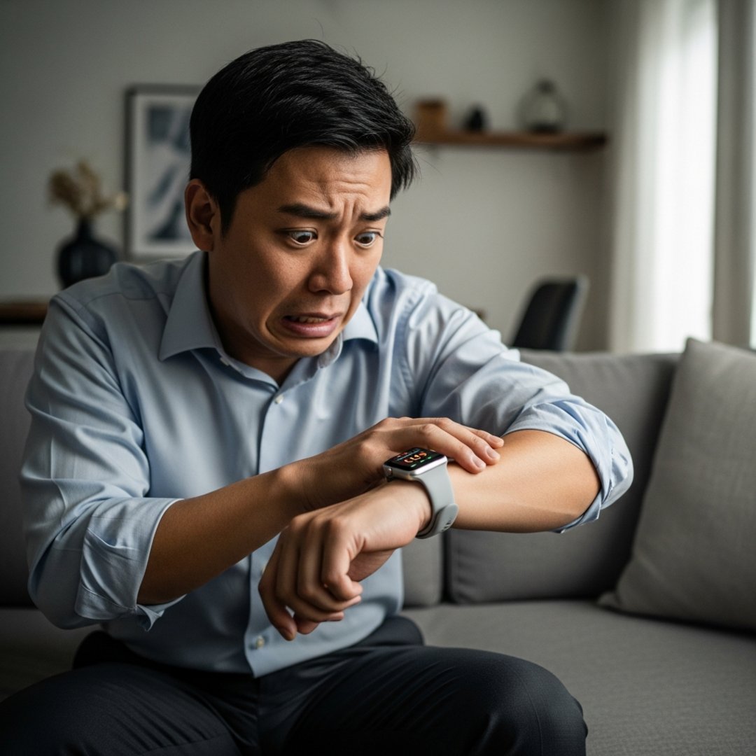AI satire illustration: Apple Watch Successfully Gives User Hypertension While Warning About Hypertension