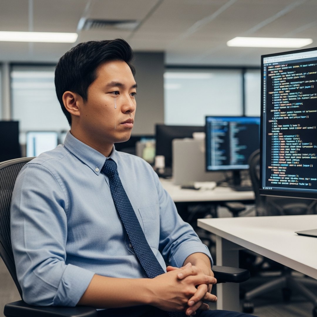 AI satire illustration: Developer Promoted To 'Chief Monitor Watcher' As AI Writes Entire App During Lunch