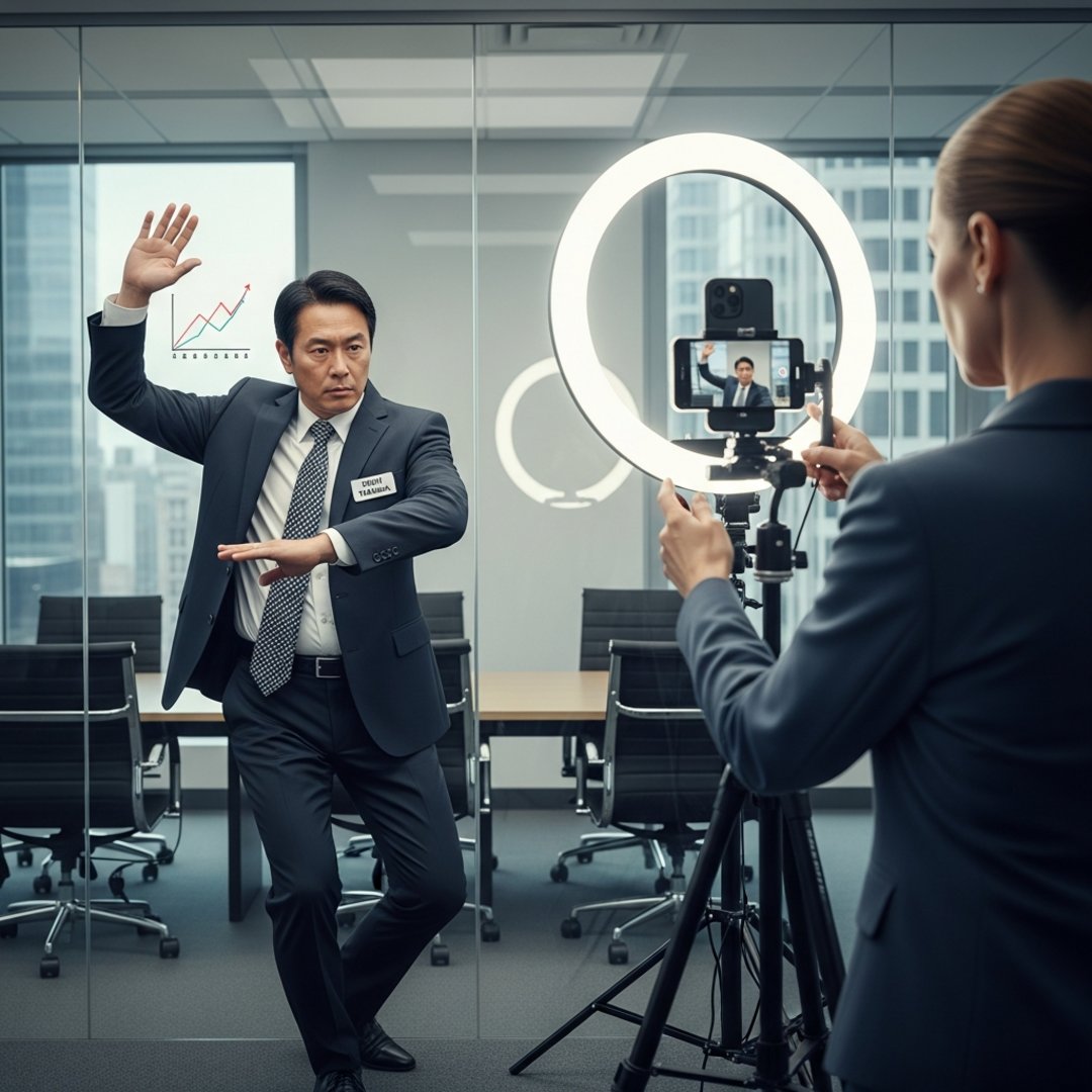 AI satire illustration: Job Applicant Forced To Perform Interpretive Dance About Q3 Sales Figures
