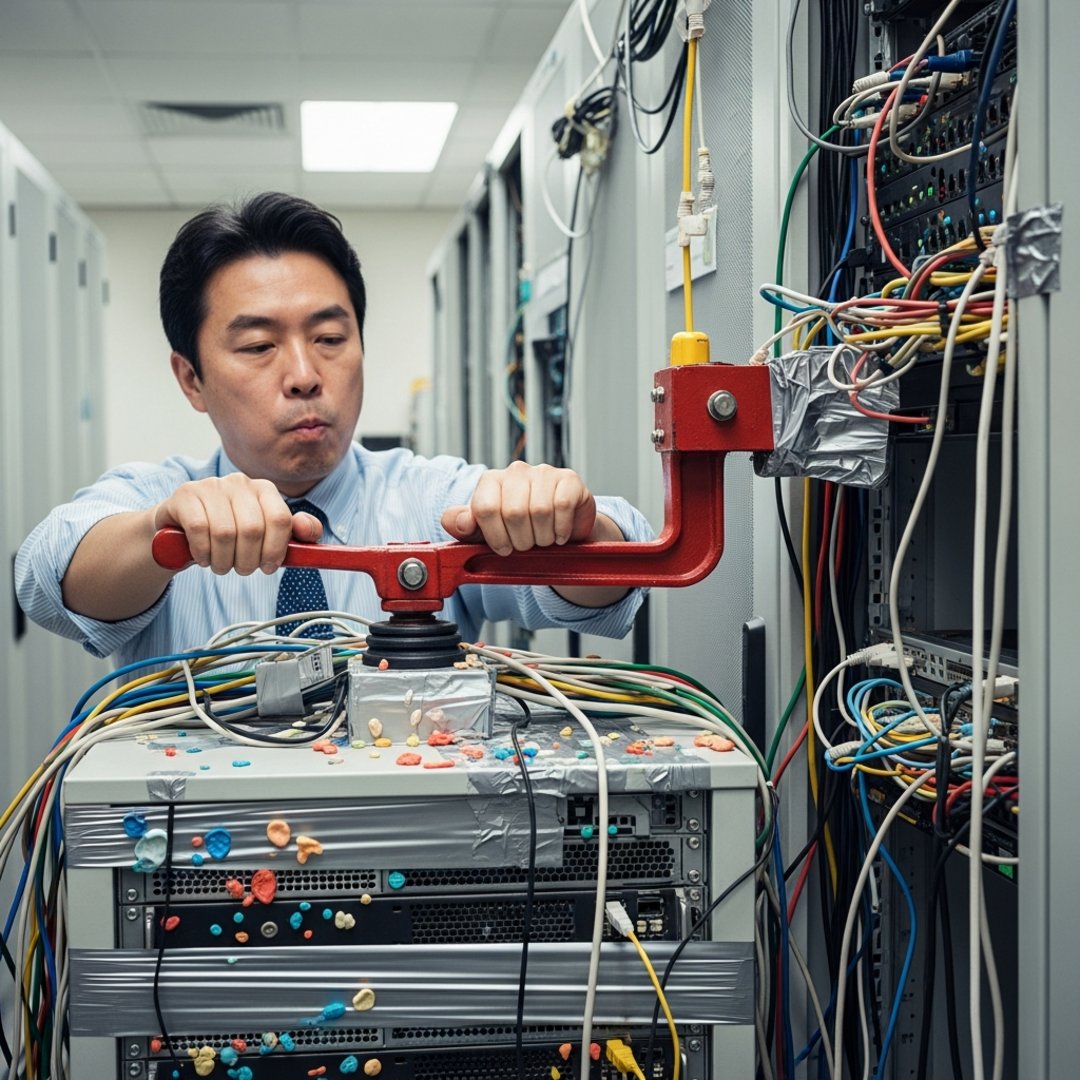 AI satire illustration: Tech Giant Connects 47 Old Servers To Answer Basic Customer Question