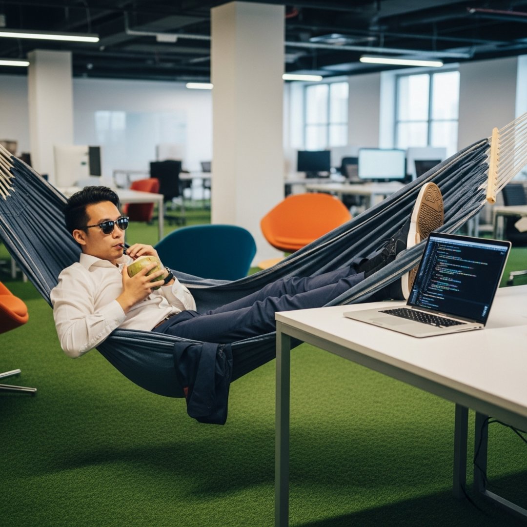 AI satire illustration: Apple Confirms Best Code Now Written By Developers Asleep In Hammocks
