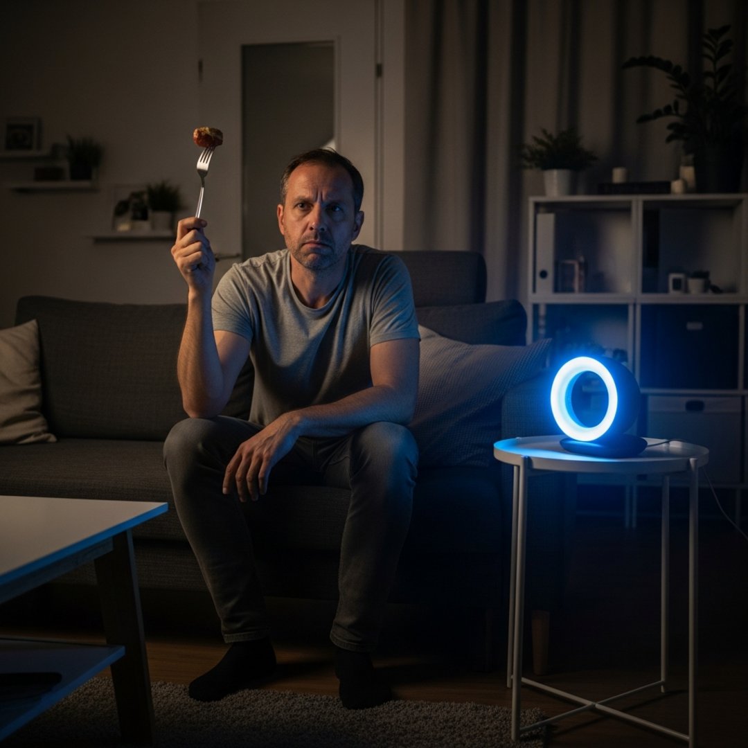 AI satire illustration: Family Sits In Dark After Failing To Renew Alexa Illumination Tier