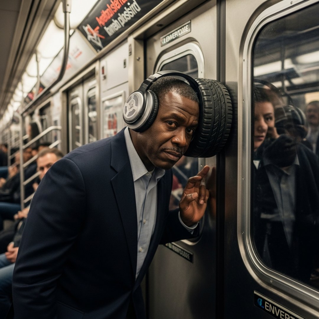AI satire illustration: Commuter Trapped In Subway Doors By New Headphones The Size Of Honda Civics