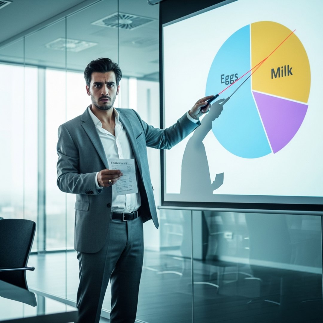 AI satire illustration: Junior Analyst Promoted After AI Turns Grocery List Into 50-Slide Corporate Strategy