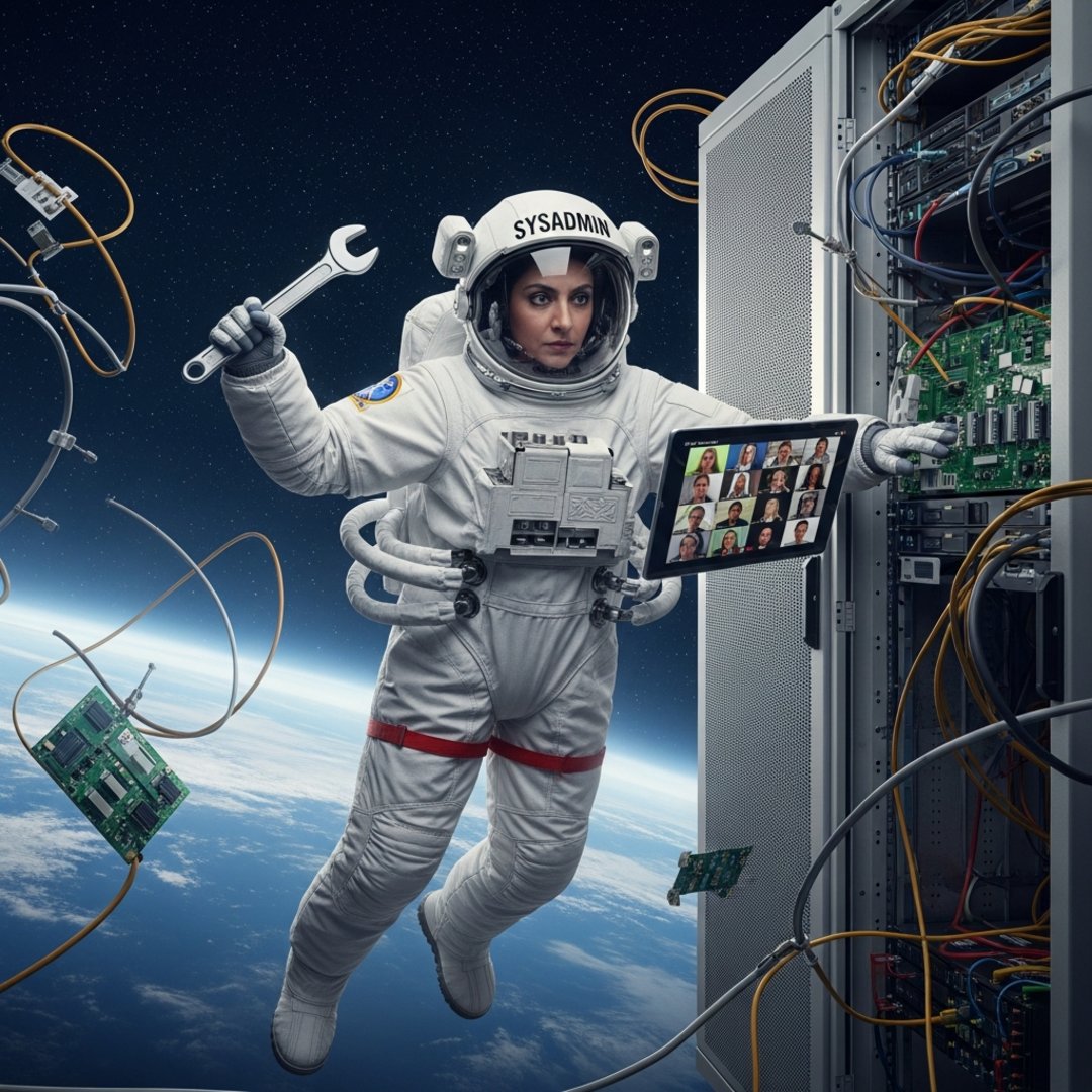 AI satire illustration: Junior IT Guy Sent To Low Earth Orbit To Turn Server Off And On Again