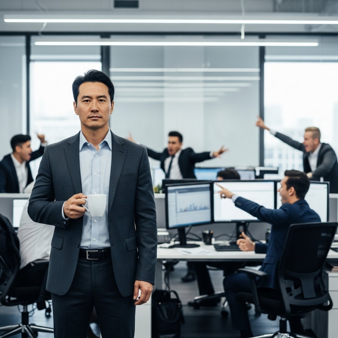 AI satire illustration: Employees Scream at Screens as CEO Declares Typing 'Obsolete'