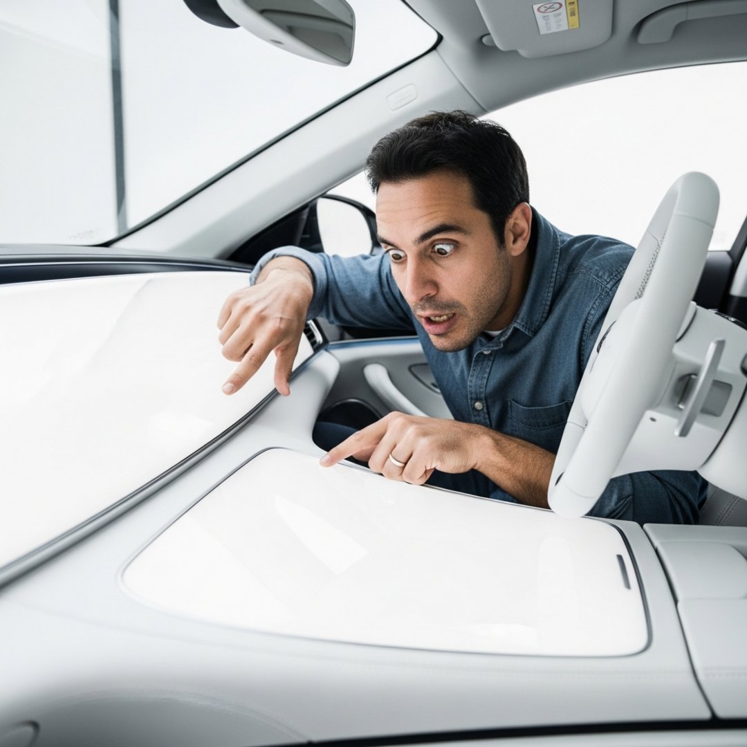AI satire illustration: Ferrari Driver Crashes While Searching For Brake Pedal Gesture On Smooth Dashboard