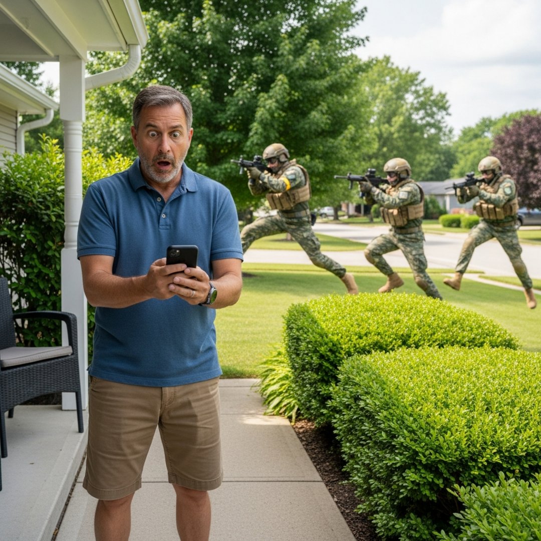 AI satire illustration: Suburban Dad Accidentally Declares Martial Law After Ring Detects Squirrel