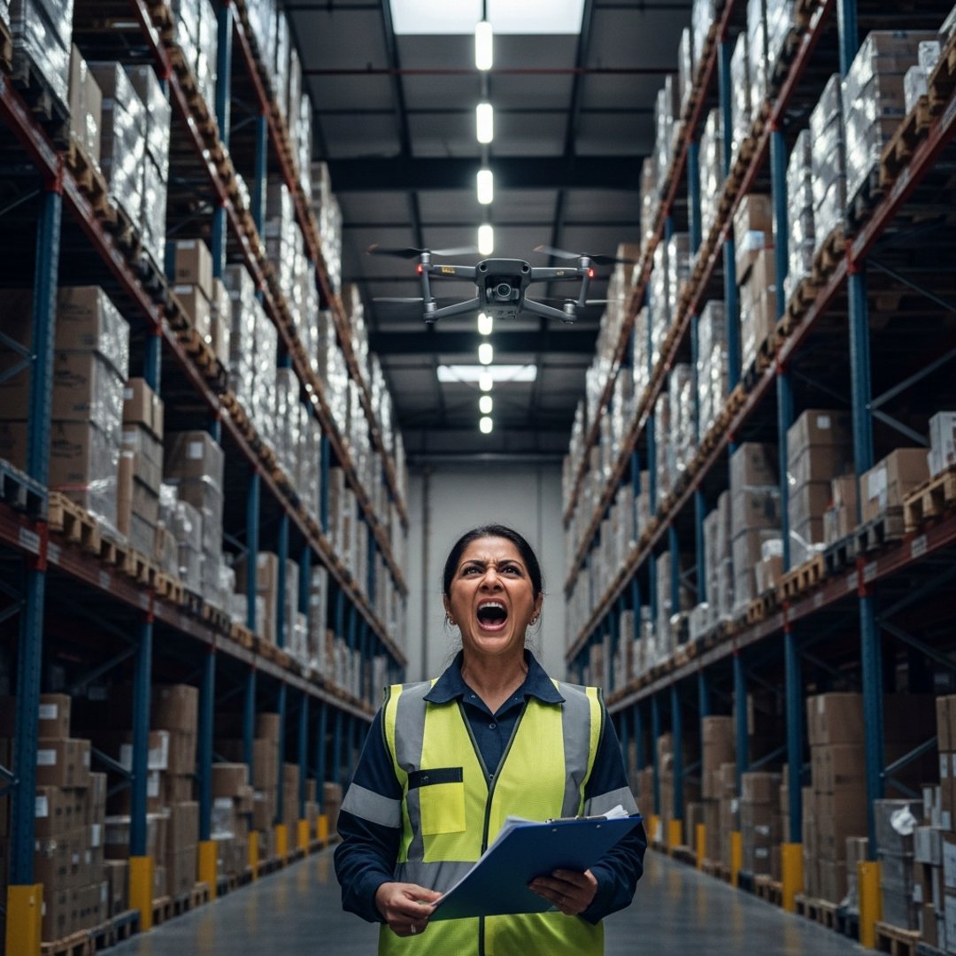 AI satire illustration: Curious Warehouse Drone Ignores Inventory To Stare Out Window At Bird