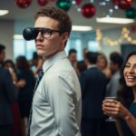 AI satire illustration: Meta Smart Glasses Now Project 'Net Worth' On Faces To Save Time At Parties