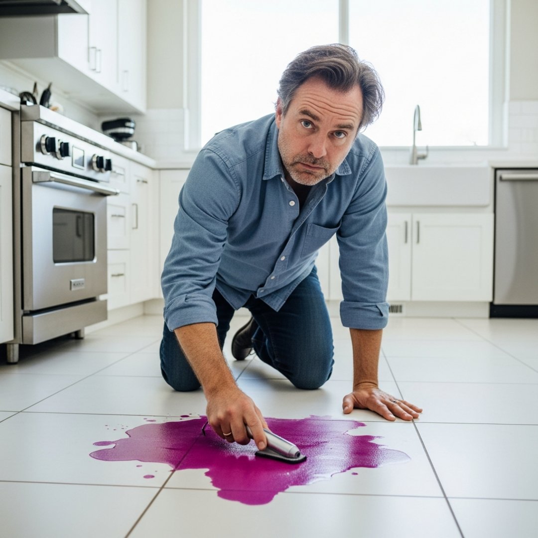 Satirical illustration for: Parent Praises New Pencil-Sized Mop After 14-Hour Clean-Up Session