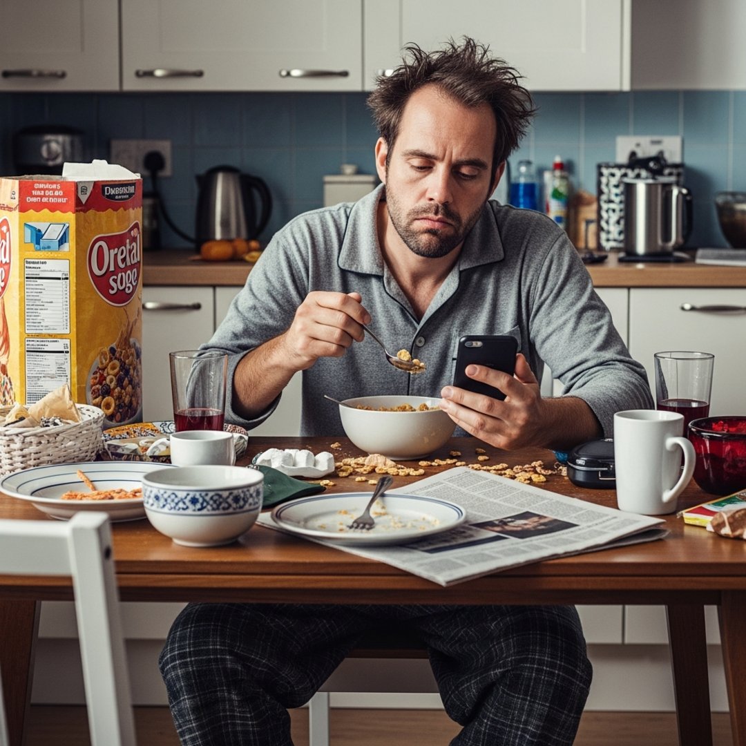 Satirical illustration for: Smart Home Glitch Lets Man Clean 3,000 Strangers’ Floors From His Bed