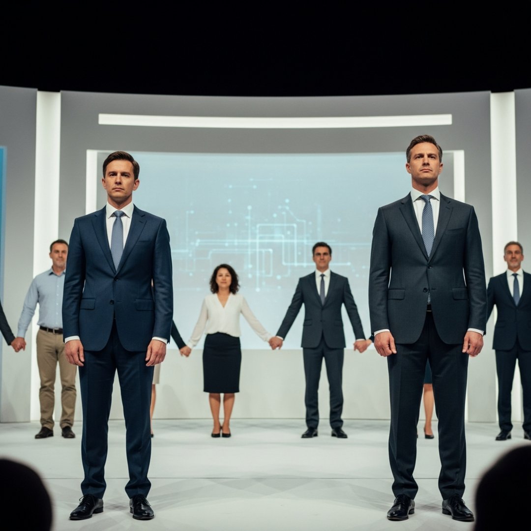 Satirical illustration for: Major AI Summit Halted After CEOs Fail Basic Hand-Holding Protocol