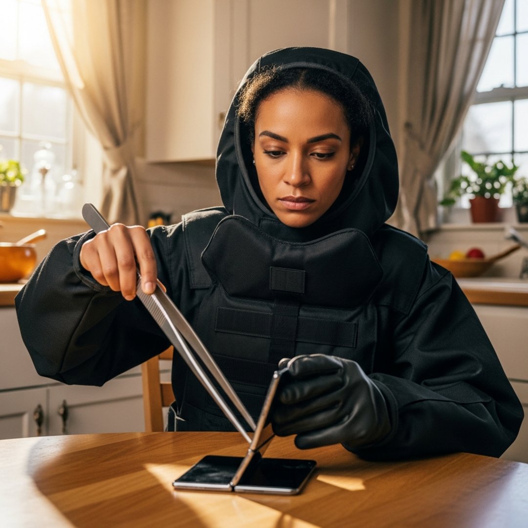 Satirical illustration for: $2,900 Phone Requires Bomb Disposal Team To Safely Unfold Screen