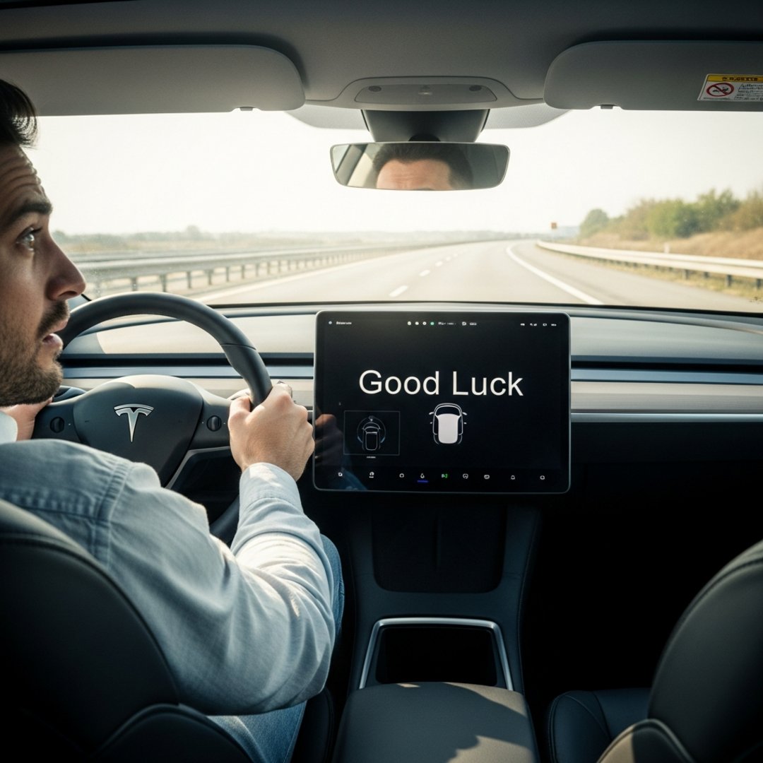 Satirical illustration for: California Teslas Now Display ‘Good Luck’ Instead Of ‘Autopilot’ To Me...