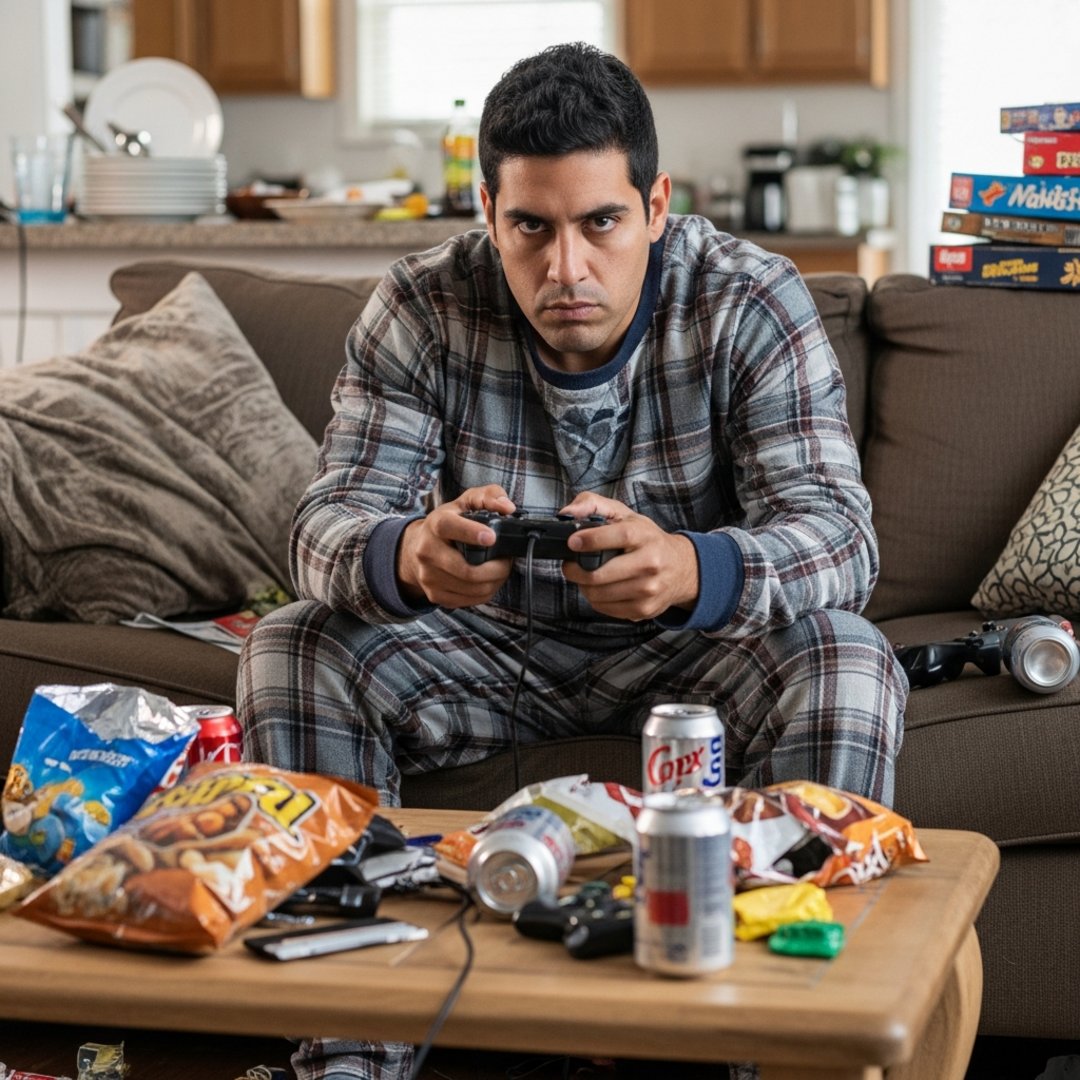 Satirical illustration for: Gamer In Pajamas Accidentally Activates ‘National Cleaning Mode’ On 5,000 Vacuums