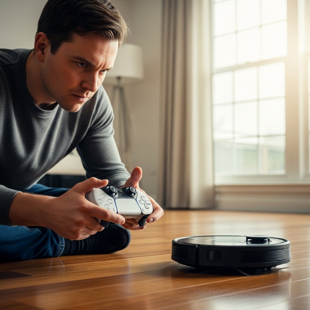 Satirical illustration for: Gamer Accidentally Conquers 5,000 Living Rooms While Testing Vacuum Controller
