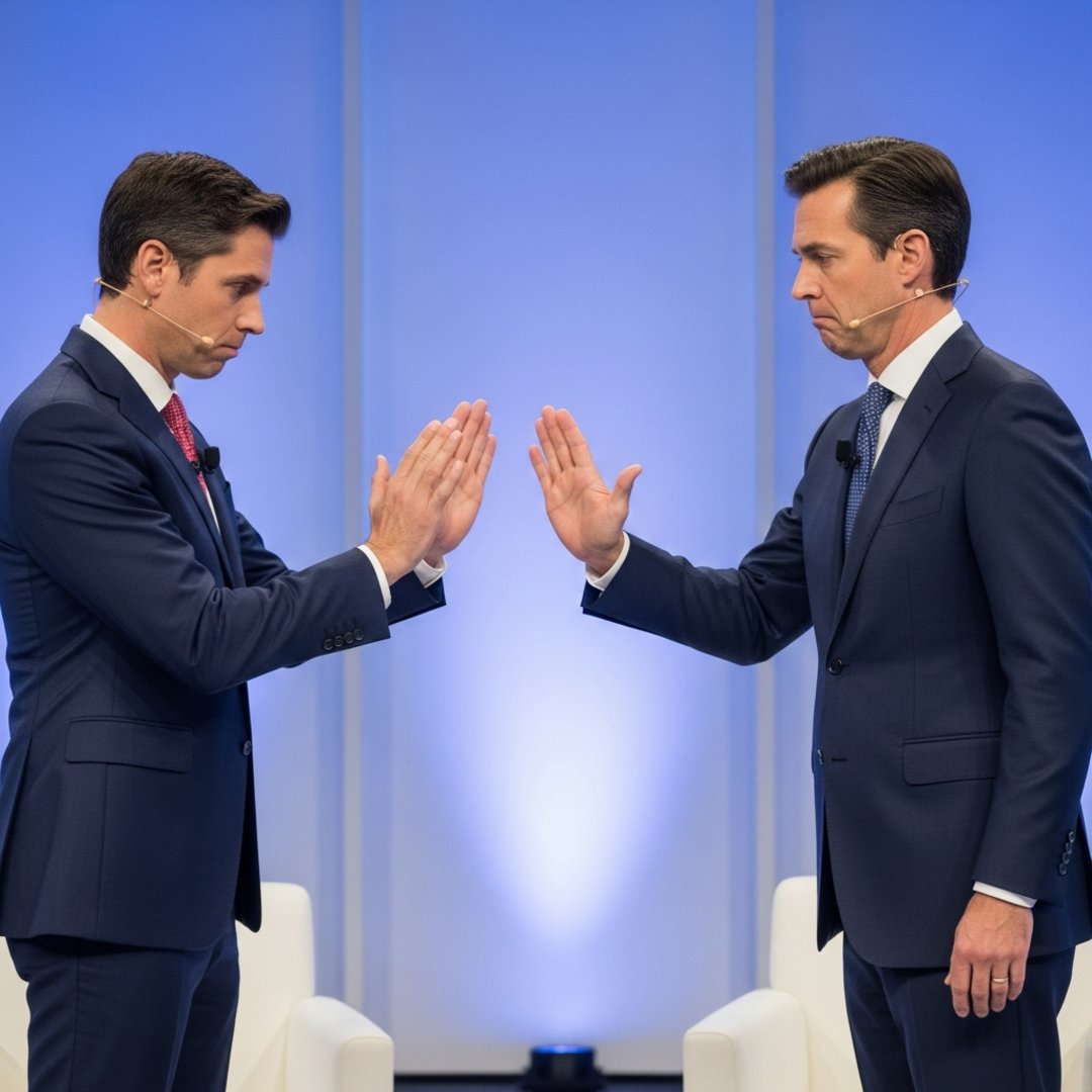Satirical illustration for: Tech CEOs Debut ‘Air Gap’ Handshake To Prevent Human Connection